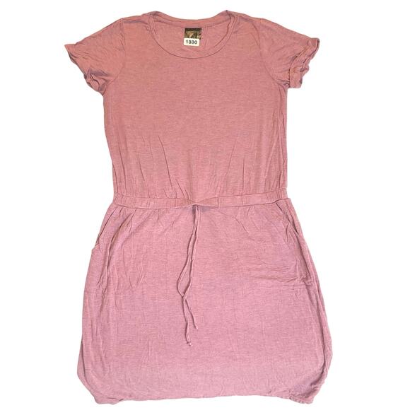32 Degrees Women Midi Dress size M Taupe Pink Short Sleeve Round Neck Stretch - Picture 1 of 8